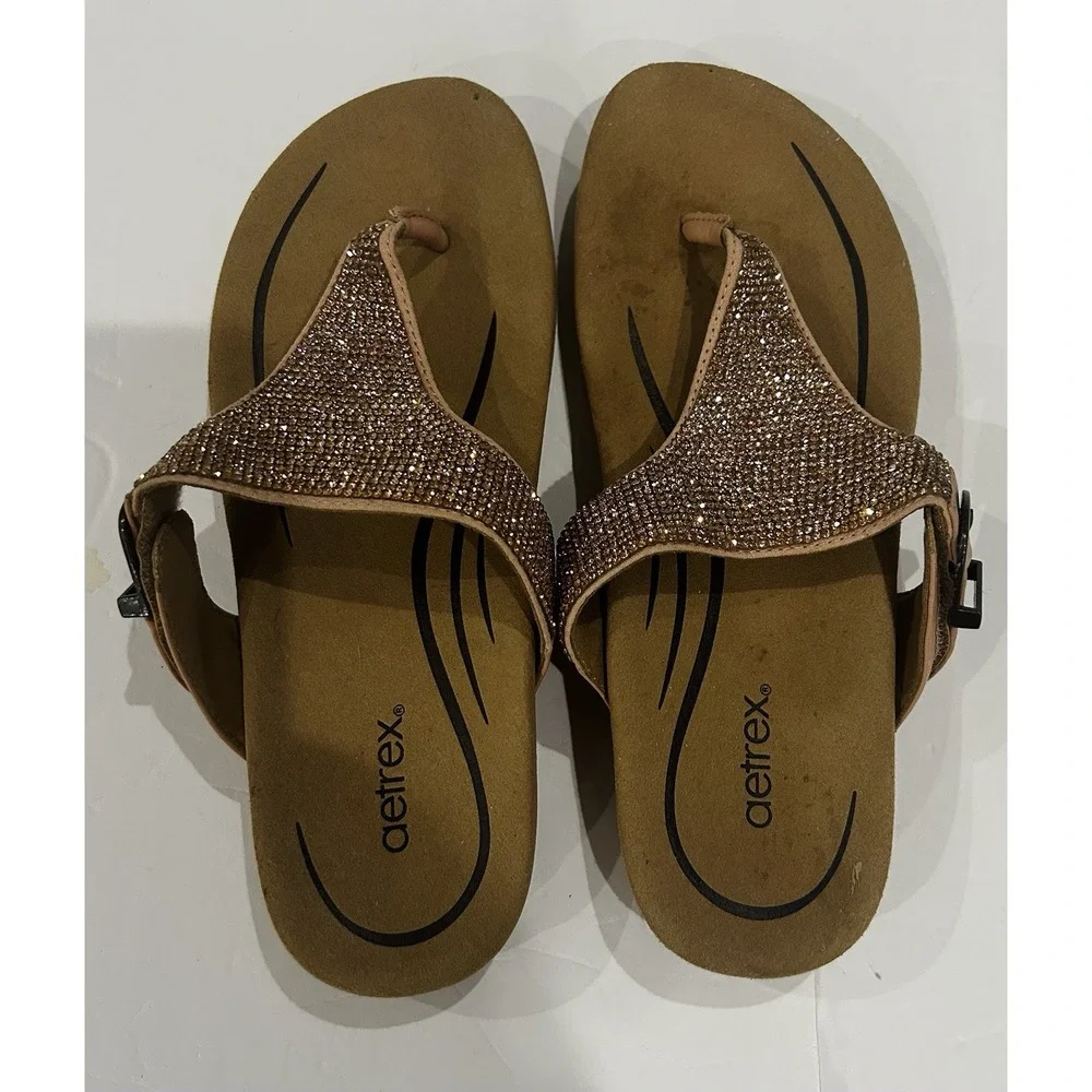 Aetrex Sandals Shoes Women Size 7 Brown Thong Wedge Rhinestone Comfort Orthotic